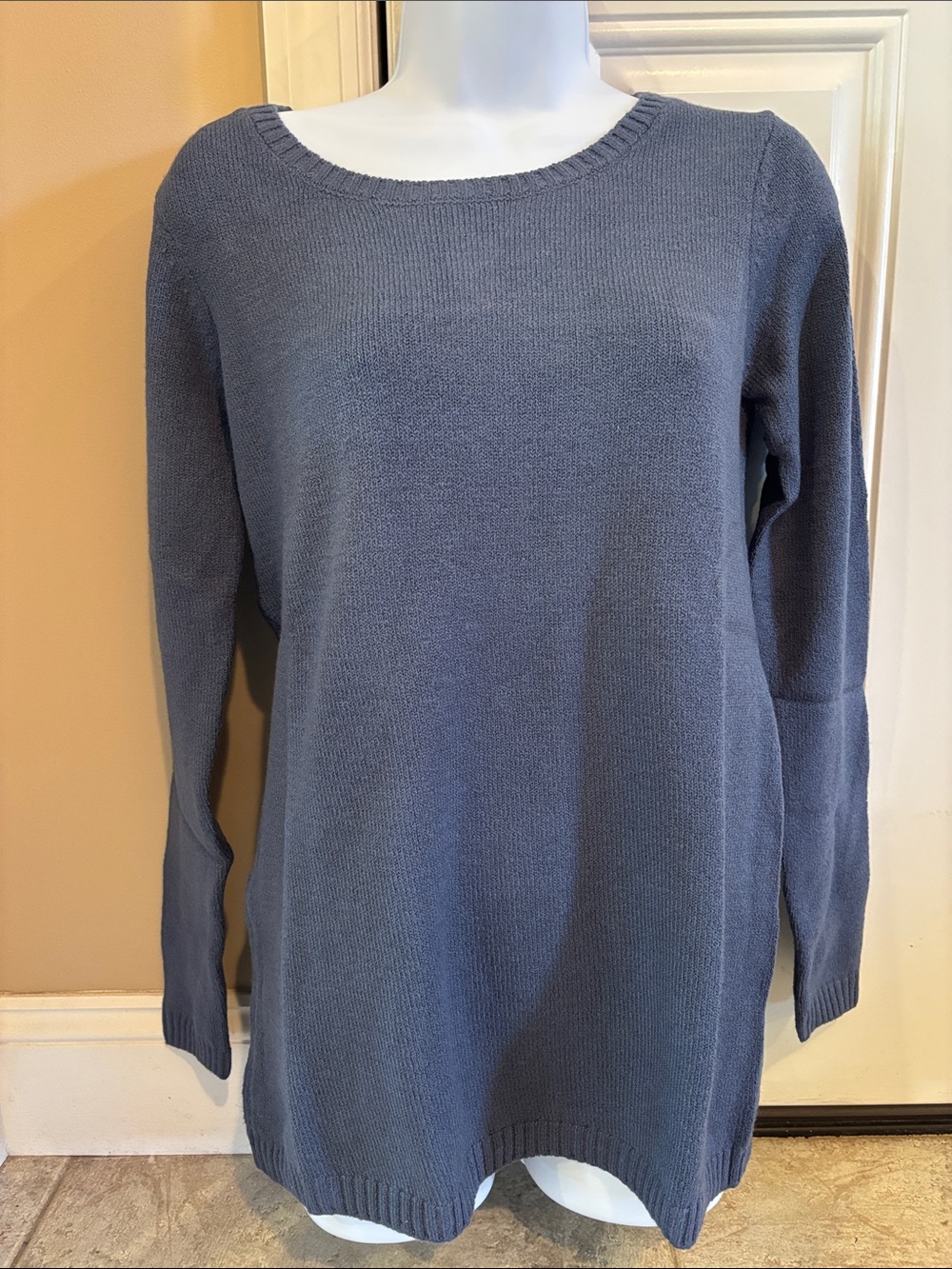 Du Jour Dusty Blue Scoop Neck Knit Sweater with Double Twist-back Accent